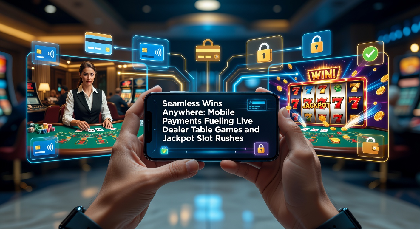Smartphone mit Live-Dealer-Tischspiel und mobiler Zahlungs-App im Vordergrund, umgeben von Jackpot-Symbolen