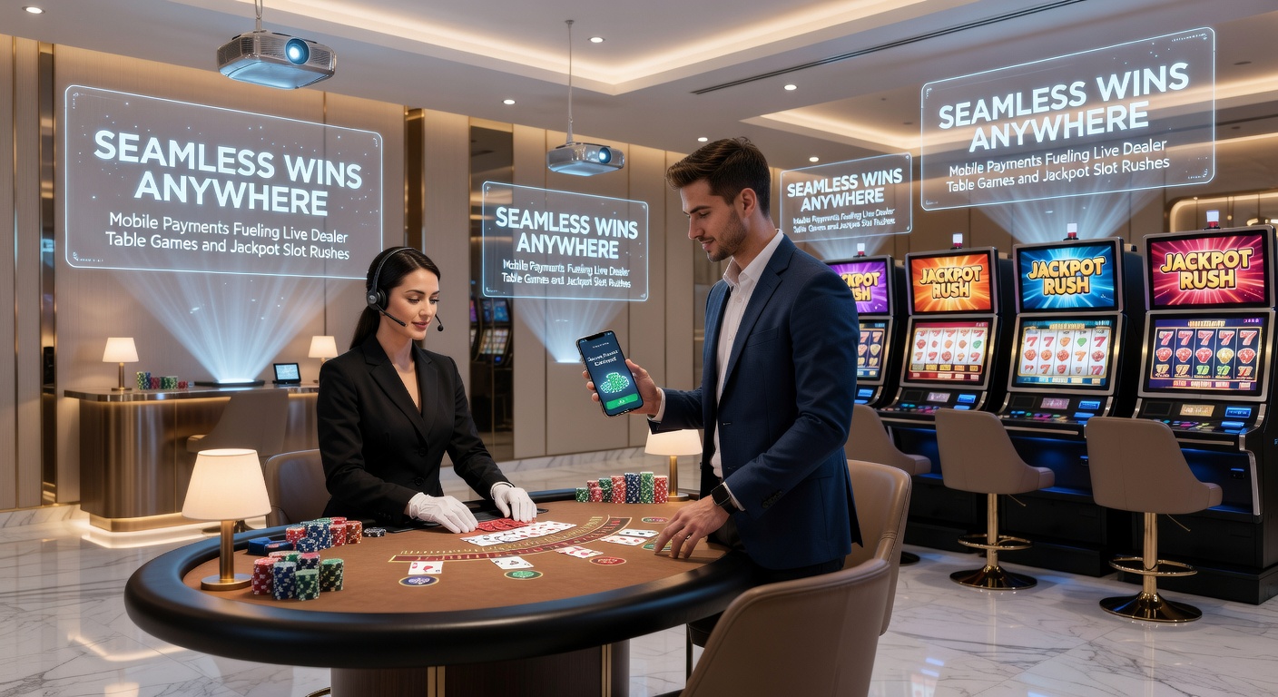 Dynamische Grafik mit explodierenden Jackpots auf Mobilgeräten und nahtlosen Zahlungsikonen, die Live-Dealer-Spiele verbinden