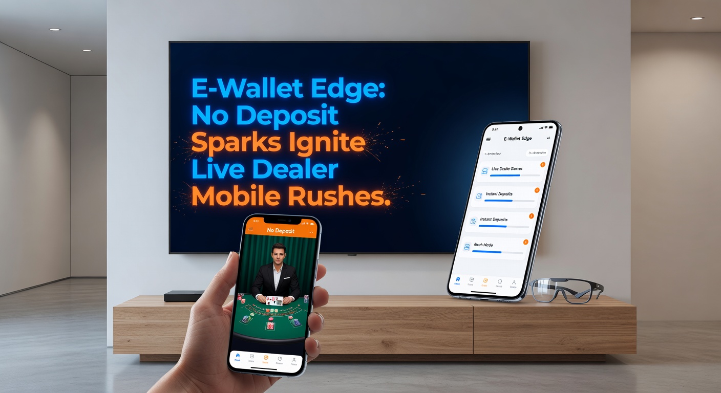 Szene eines Spielers am Smartphone in einem Live-Dealer-Roulette, umgeben von E-Wallet-Icons und No-Deposit-Bonus-Banner
